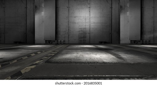 Dark Concrete Garage Empty Background With Wide Wall And Industrial Floor