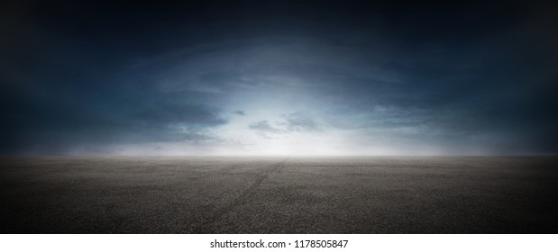 Dark Concrete Runway Street Floor With Night Sky Horizon