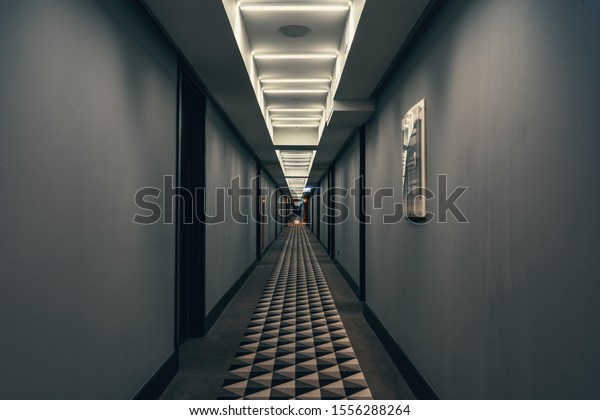 Dark corridor with\
illumination on ceiling. Tunnel view of empty hotel corridor in\
night time, toned