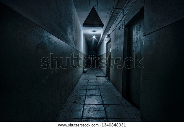 Dark corridor. Mystical interior of dark empty\
corridor, tunnel in an abandoned house. Dark mysterious corridor.\
The interior of an abandoned house, road to hell. An old abandoned\
building