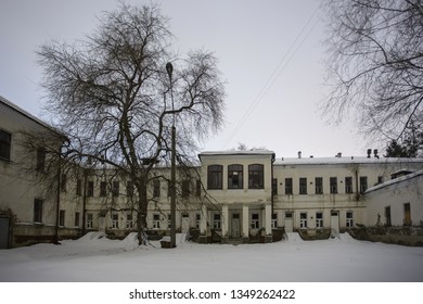 Dark And Creepy Abandoned Haunted Hospital In Cold Winter Night.