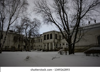 Dark And Creepy Abandoned Haunted Hospital In Cold Winter Night.