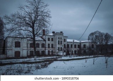 Dark And Creepy Abandoned Haunted Mental Hospital In Winter.