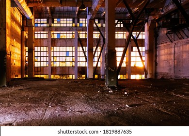 Dark Creepy Empty Abandoned Industrial Building Interior At Night