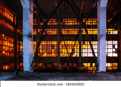 Dark Creepy Empty Abandoned Industrial Building Interior At Night