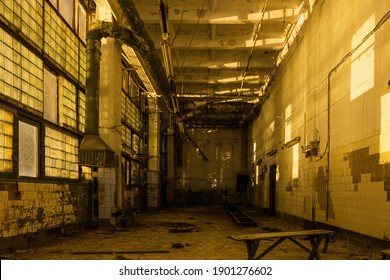 Dark Creepy Empty Abandoned Industrial Building Interior At Night.