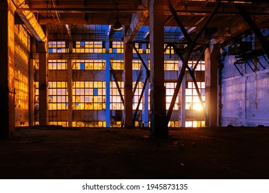 Dark Creepy Empty Abandoned Industrial Building Interior At Night.