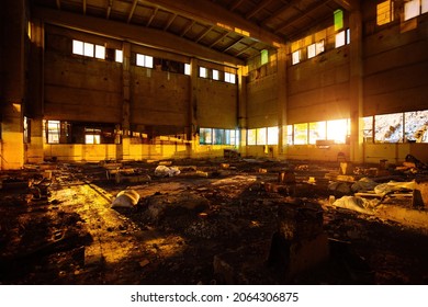 Dark Creepy Empty Abandoned Industrial Building Interior At Night.