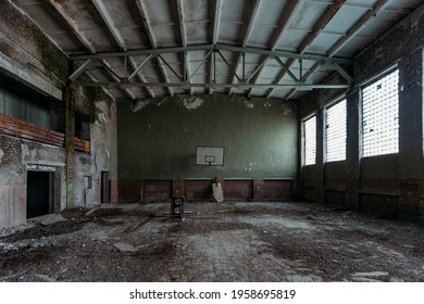 Dark Creepy Ruined Gymnasium In Abandoned School.