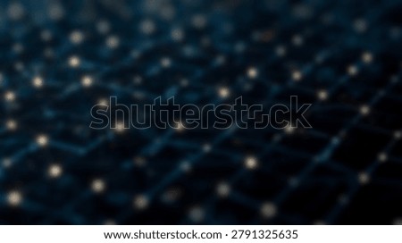 A dark digital surface features a grid of glowing nodes and interconnected lines in a shallow depth of field technology visualization.