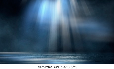 Dark Dramatic Abstract Scene Background. Neon Glow Reflected On The Pavement. Smoke, Smog And Fog. Dark Street, Wet Asphalt, Reflections Of Rays In The Water. Abstract Dark Blue Background. 