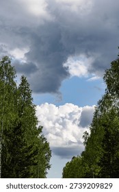 Dark dramatic clouds moving above a forest landscape, framed by tall green trees in late spring.
