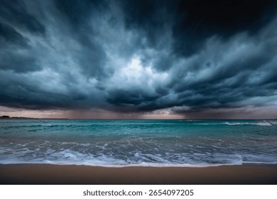 Dark dramatic seascape with stormy clouds, distant rain and waves crashing on sandy beach, San Vito Lo Capo, Sicily, Italy