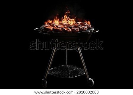 A dark, dramatic shot of steaks cooking on a barbecue grill with flames erupting.