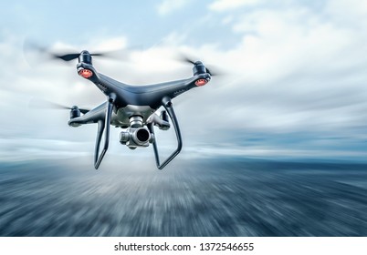 Dark drone in flight over the city. - Shutterstock ID 1372546655