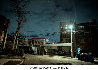 Dark And Eerie Urban City Alley At Night