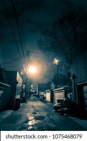 Dark And Eerie Urban City Alley At Night