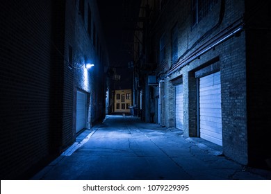 Dark And Eerie Urban City Alley At Night