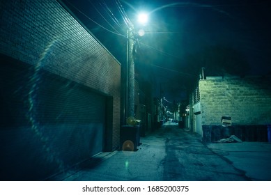 Dark And Eerie Urban City Alley At Night