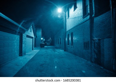 Dark And Eerie Urban City Alley At Night