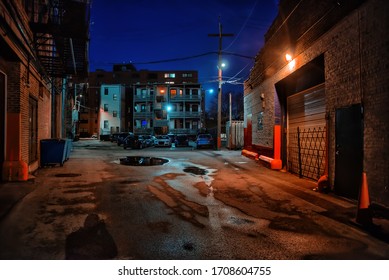 Dark And Eerie Urban City Alley At Night