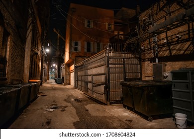 Dark And Eerie Urban City Alley At Night