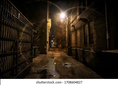 Dark And Eerie Urban City Alley At Night