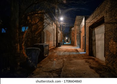 Dark And Eerie Urban City Alley At Night