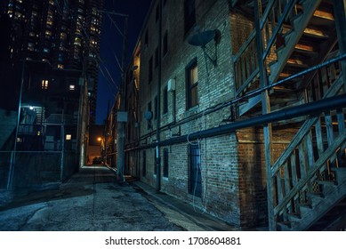 Dark And Eerie Urban City Alley At Night