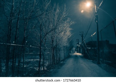 Dark And Eerie Urban City Alley At Night