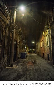 Dark And Eerie Urban City Alley At Night