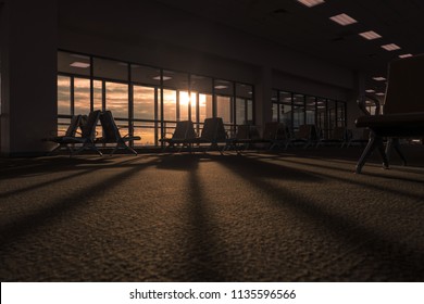 Dark Empty Hall Interior With Floor To Ceiling Windows And Scenic Background. Empty Seats In The Departure Lounge At The Airport