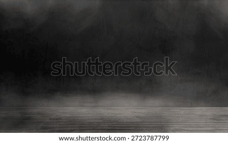 Dark Empty Room Studio Background with Smoky Black Concrete Wall and Old Wood Floor: Moody Industrial Interior Mockup for Product Presentation, Spotlight Stage Backdrop, and Cinematic Gallery.