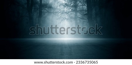 Dark empty scene, night landscape, gloomy forest, nature scene with forest and moonlight, night view of the forest, fog, smog, smoke, street asphalt floor, mystical magic theme 