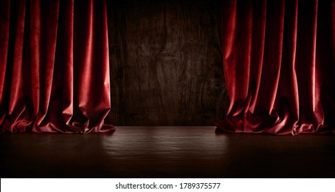 Dark empty stage scene with red velvet curtain. Horizontal background for anniversaries, birthdays, concerts, shows and special occasions. Space for text.
