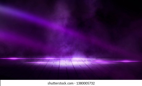 Dark Empty Stage, Street, Night Smog And Smoke, Neon Light. Dark Background Of The City. Concrete Floor, Dark Wall. Pink And Purple Neon. Light Spotlights.