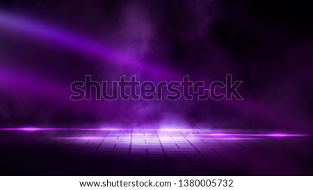 Dark empty stage, street, night smog and smoke, neon light. Dark background of the city. Concrete floor, dark wall. Pink and purple neon. Light spotlights.