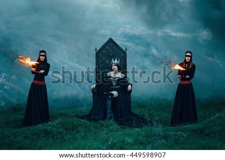 dark evil queen sneaks through the stone canyon, fire lady sitting on a black gothic throne surrounded by servants, wild Princess, vampire, thigh toning, creative color, dark-Boho