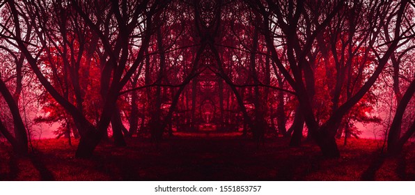 Dark fantasy wallpaper. Mysterious fairy forest. Background mystic atmosphere. Stranger trees. Scary atmosphere in neon colors. Fantastic monster. Horrible dream.