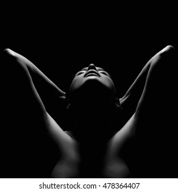 Dark Female Silhouette, Hands And Face. Art Portrait.unusual Photo Of Body Woman