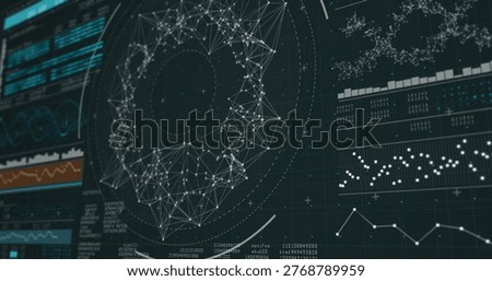 Dark flat design dashboard is displaying circular network graph, line and bar charts, scatter plots. Futuristic, technology, data, visualization, digital, analytic, interface