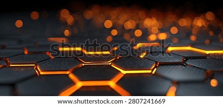 A dark, futuristic hexagonal surface with glowing orange energy lines, set against a background of blurred orange bokeh lights, evoking a sense of advanced technology and digital space.
