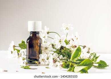 Dark glass bottle with white cap with essential oil against white flowers of apple and green leaves, gray background. Copy space.
