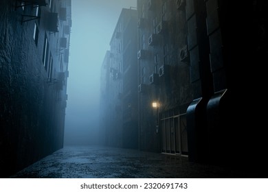 dark gloomy city street at night. background for crime. dark foggy abandoned city with glowing light, crime dark background.