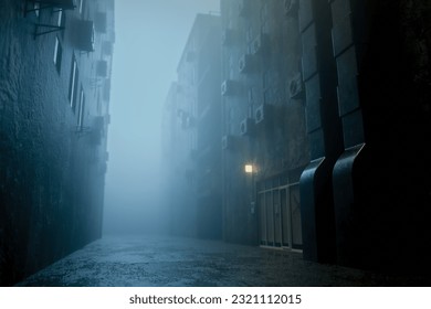 dark gloomy city street at night. background for crime. Evening landscape of city alley. Gloomy sidewalk is there in foggy weather. Night road without lights.