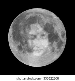 Dark Goth Woman Face Superimposed To The Full Moon