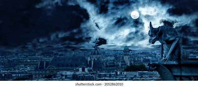 Dark Gothic Paris on Halloween, France. Fantasy spooky city and dramatic sky, haunted town with gargoyle and full moon, skyline at scary blue night. Midnight horror for background, wallpaper. - Shutterstock ID 2052862010