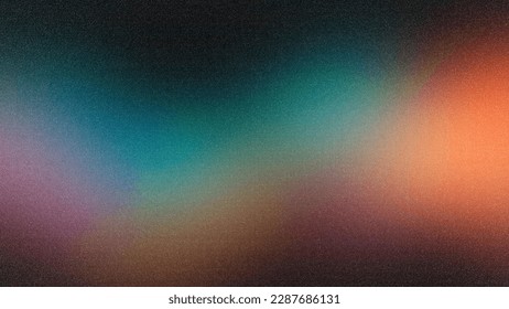 Dark grainy color gradient wave background, purple red yellow blue green colors banner poster cover abstract design, black copy space.