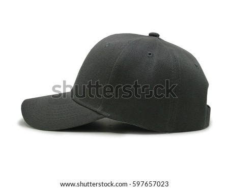 Dark gray blank baseball cap closeup of side view on white background