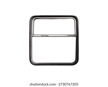 Dark gray metal rectangular transport window frame with divider is isolated.